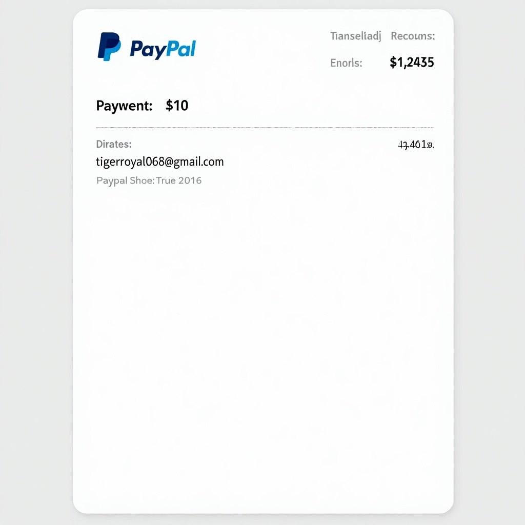 Generate a PayPal payment proof for a transaction of $10 sent to tigerroyal063@gmail.com. Display PayPal logo, payment details, transaction amount, and email address. Include date and other relevant info appropriately.