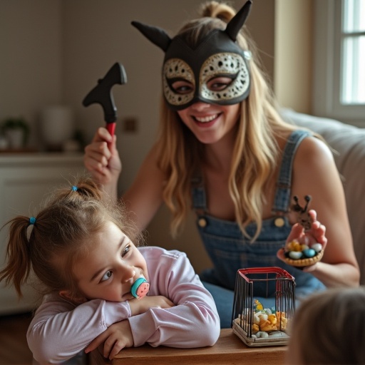 A playful scene with a mother and her kids. A young girl lies her head on a stool while her mother holds a toy axe. The girl has a big pacifier. Two siblings are locked in a small cage waiting for their turn, also with pacifiers. The mother wears a mask. The atmosphere is fun and lighthearted.