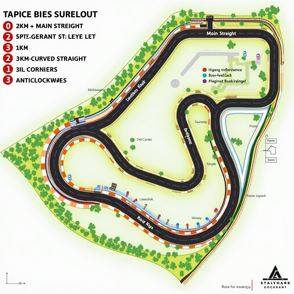 This image shows a detailed layout of a race track designed for competitive racing. It features three significant straights: a 2km main straight, a 1km straight, and a 0.5km curved straight. The track consists of a total of 18 corners, all of which facilitate anti-clockwise racing. The layout is highlighted with vibrant colors that delineate various sections of the circuit. This design showcases both straight stretches and intricate curves, making it ideal for thrilling and challenging race events.