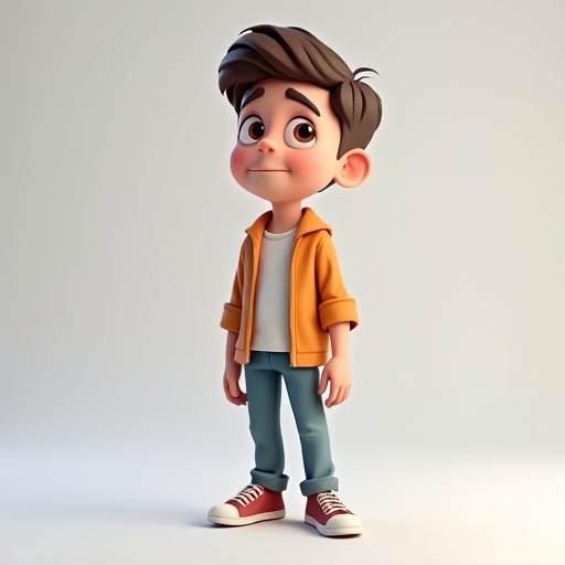 Create a 3D cartoon character of a teenage boy. Character has casual clothing. Boy is standing relaxed. Design should convey a cheerful expression.