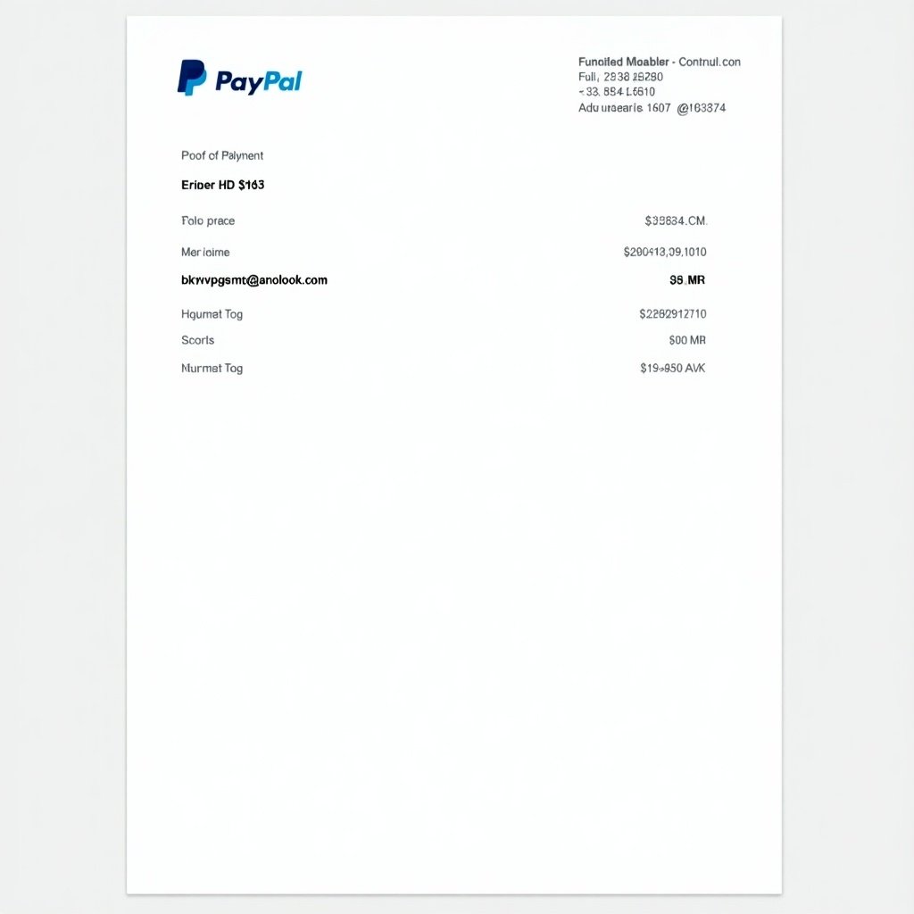 This image depicts a PayPal payment receipt. It features a proof of payment for $10 to the email address bkvpgsmtq@outlook.com. The document displays the PayPal logo prominently at the top alongside transaction details.