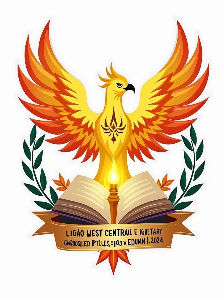 Illustration features a majestic phoenix in flight. The phoenix has flames merging into its wings. It holds a glowing torch in its talons. Beneath it is an open book with radiating pages. Colors include gold, red, orange, and optional blue-green accents. Surrounding elements include laurel branches and a ribbon at the bottom. The text mentions the alumni event and date for clarity. The design aims for a modern yet timeless aesthetic.