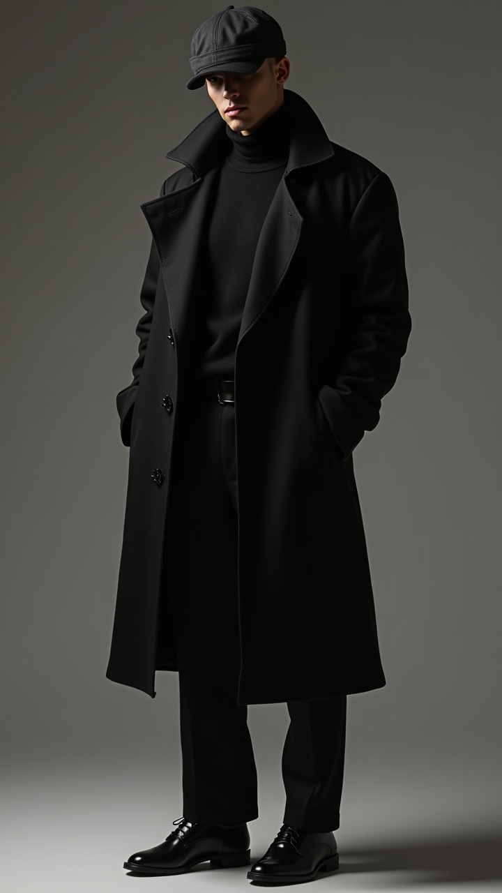 This image features a man dressed in a sleek, black ensemble, exuding an aura of mystery and sophistication. He wears a long, dark overcoat over a turtleneck sweater, paired with formal trousers and polished shoes. The accompanying cap adds a subtle touch of casual elegance to his otherwise formal attire. The subdued lighting and neutral background enhance the dramatic, stylish presence of the figure.