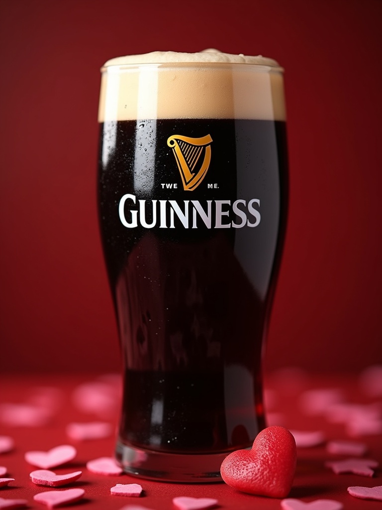 A pint of Guinness features a creamy head and the correct logo. Romantic atmosphere created with red and pink decorations. Heart-shaped candies scattered around the glass.