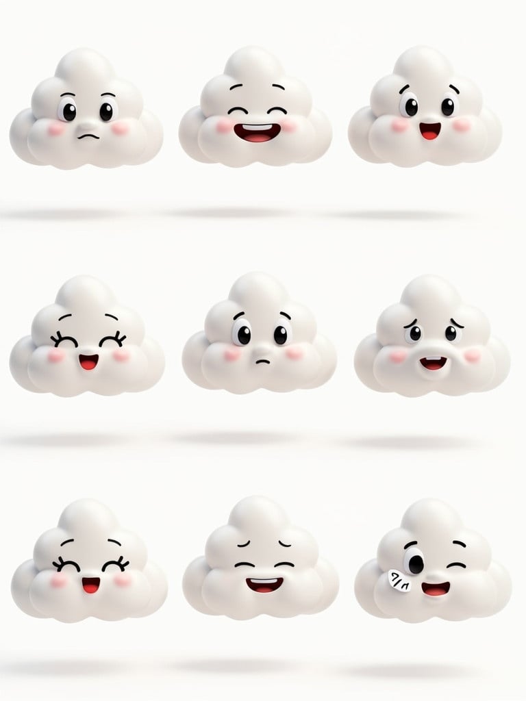 Ten 3D cartoon clouds. Each cloud has a different expression. Clouds are fluffy and soft in design. Emotions include joy, curiosity, surprise, sympathy, enthusiasm, support, trust, and agreement. Suitable for psychological chatbots. Engaging and relatable atmosphere.