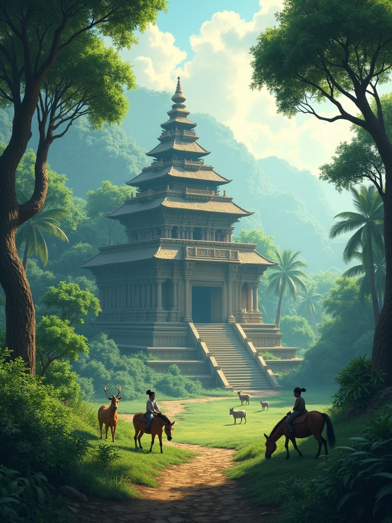 An ancient Indian temple stands in a tropical forest. Lush greenery surrounds the temple. Horses and goats graze peacefully. Soft diffused light illuminates the scene. The setting is captivating and inviting for a fantasy adventure.