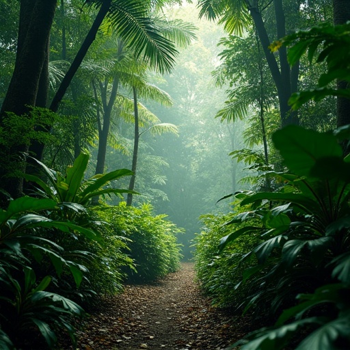 First person view of a dense tropical forest. Show a narrow path between lush greenery. Include tall trees and various plants. Create a misty atmosphere with soft lighting.