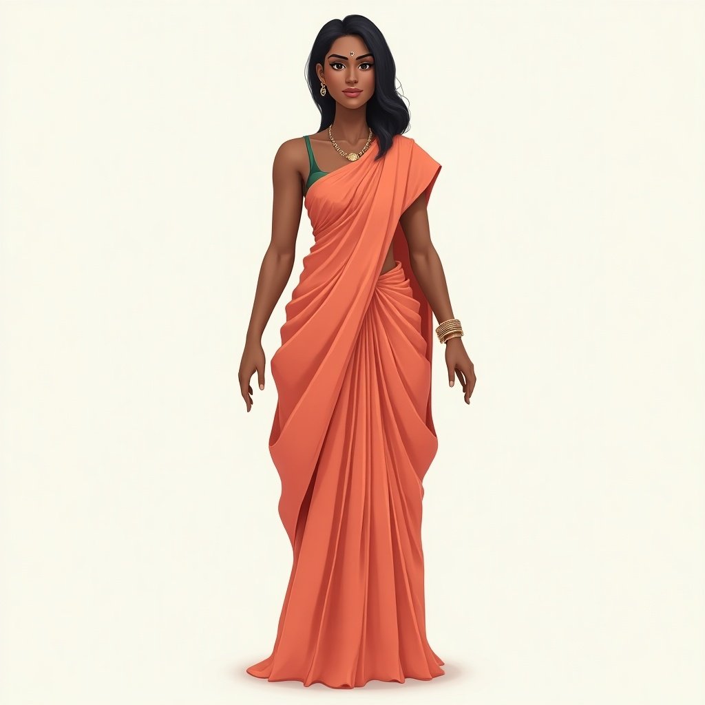 Generate full body image of 18 year old female. Brown skin, 5 feet 7 inches tall, 72 kgs, wearing pleated saree with sleeveless blouse.