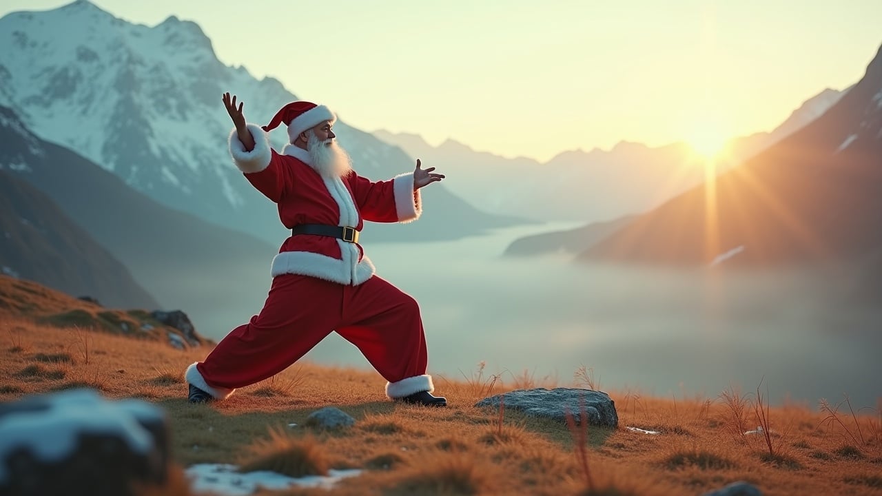 Cinematic image features Santa Claus practicing Tai Chi. Scenic misty mountains at twilight with snow in distant mountains with soft light and sunshine.