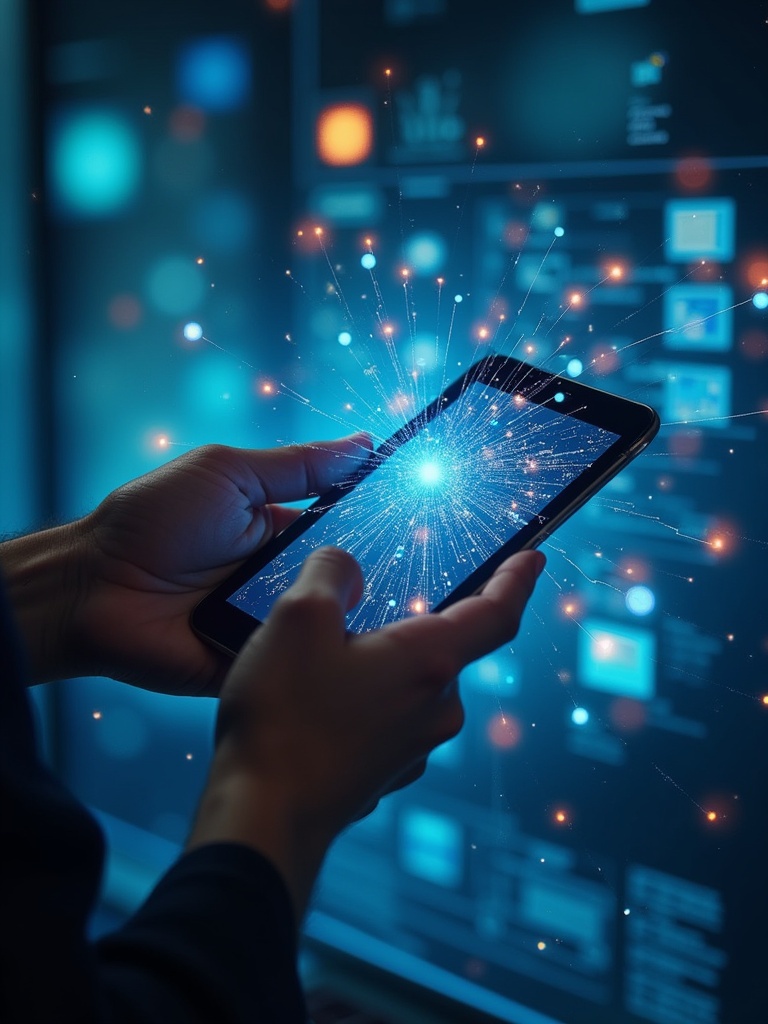 Hand holds smartphone showing digital technology effects. Smartphone displays glowing network sparks. Background features digital interface elements.