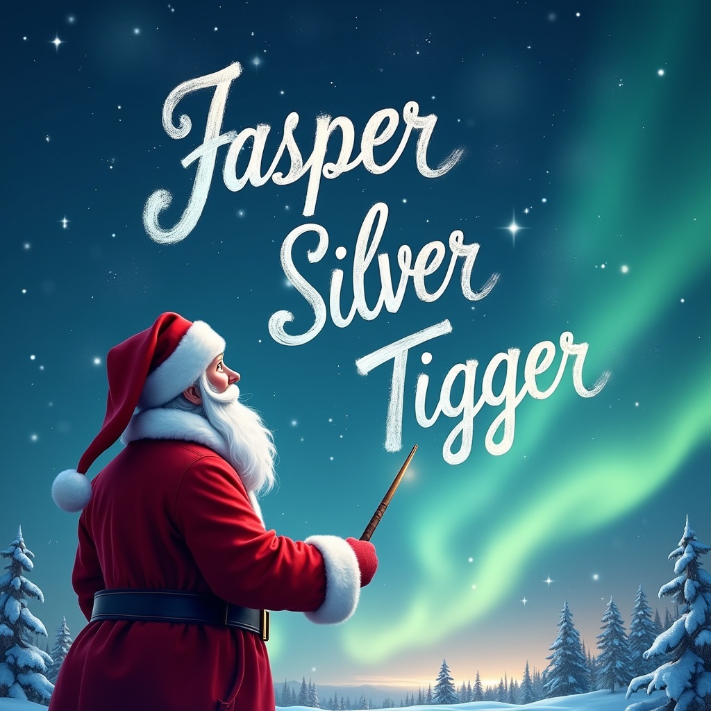 Santa faces the sky holding a wand. Magical background features northern lights. Names Jasper Silver Tigger are elegantly written in the sky with a magic wand.