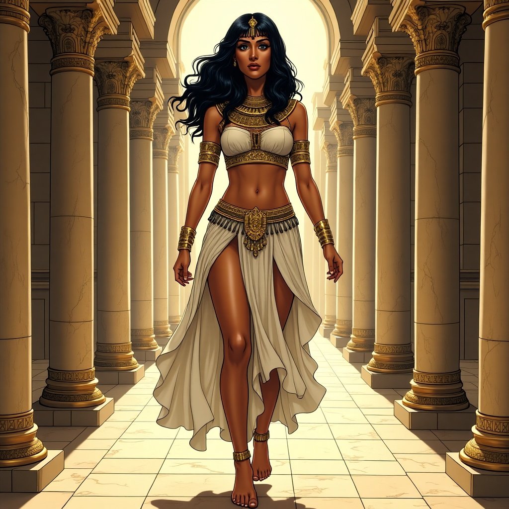 This image depicts a full comic book illustration of Cleopatra. She is striking with beautiful makeup and an Egyptian bob hairstyle. Cleopatra walks barefoot, adorned with exquisite golden jewelry on her feet. The setting is her palace, filled with grand columns and elegant flooring. The art style is distinctly comic book, emphasizing her powerful presence and rich heritage.