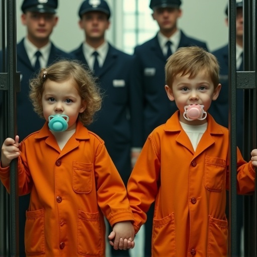 Children wear orange jail jumpsuits. They hold hands. They have oversized pacifiers. Guards stand in the background. Each child is in a separate cell.