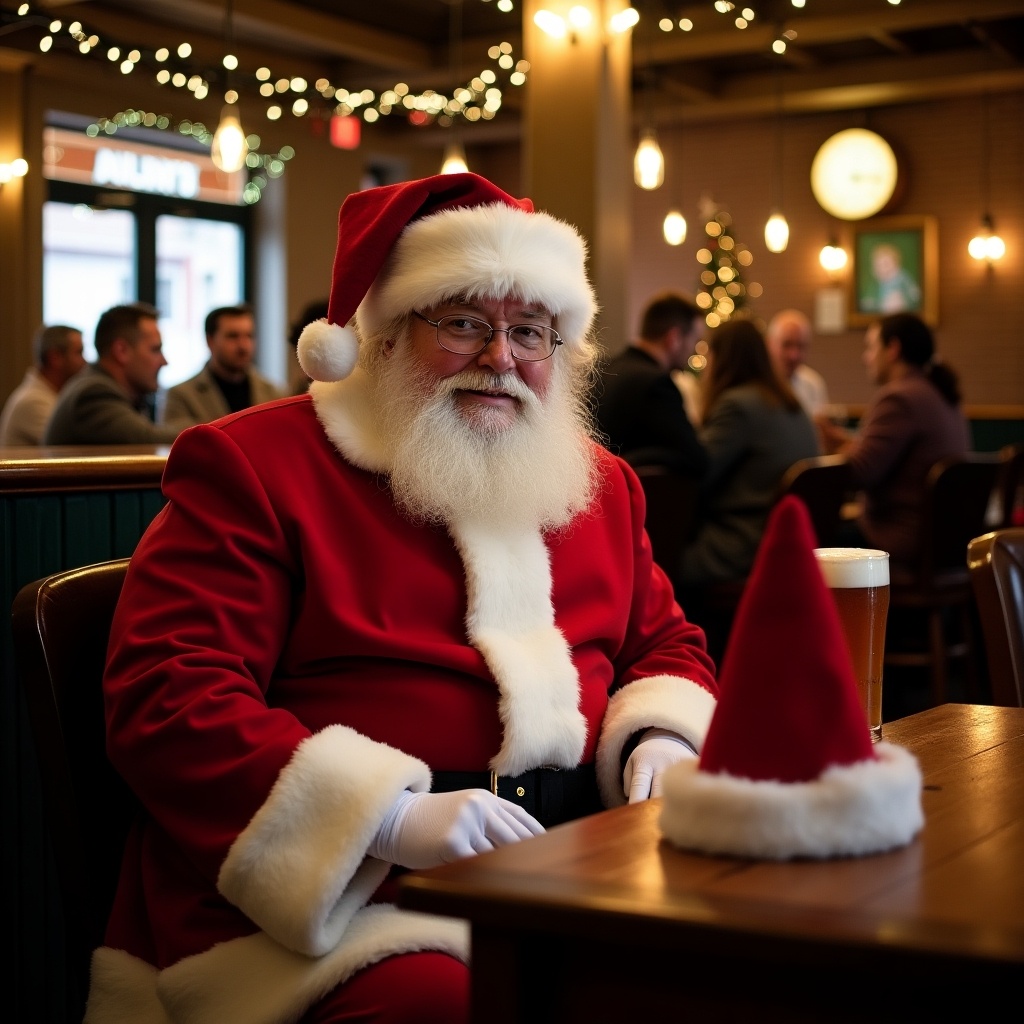 Santa in red suit sitting at a pub table. Enjoying a beer. Cozy bar with festive decorations. People seated in the background. Hats on the table.