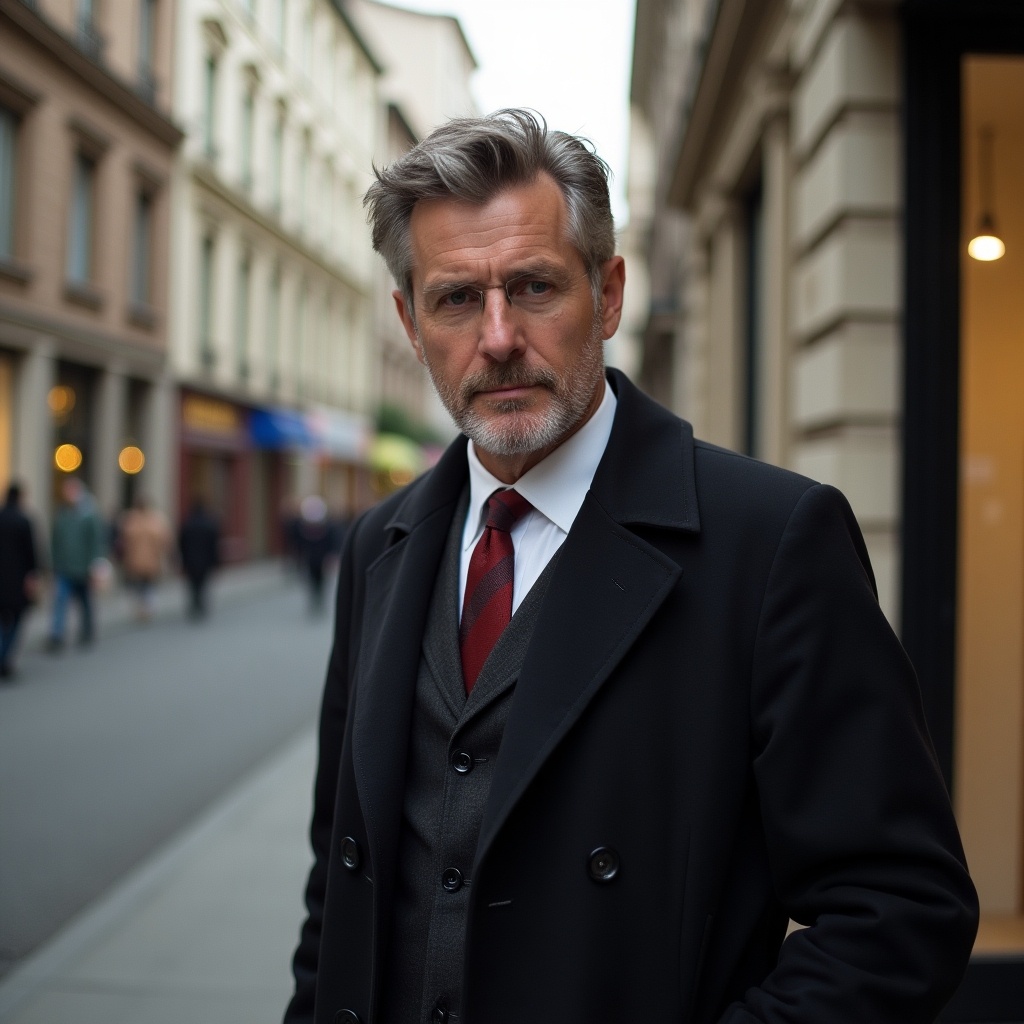 The image showcases a nonchalant man in a stylish outfit. He stands confidently on a street with a serious expression. The backdrop consists of vintage buildings, providing an urban feel. His clothing is a blend of formal and casual styles, featuring a well-tailored coat and vest. The lighting is soft, enhancing the moody atmosphere of the scene. This image captures a sense of sophistication and modern urban lifestyle.