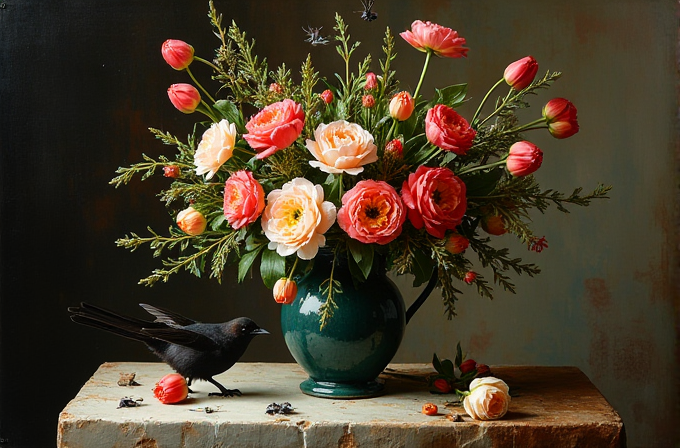 A bouquet of vibrant flowers in a vase with a black bird perched nearby.