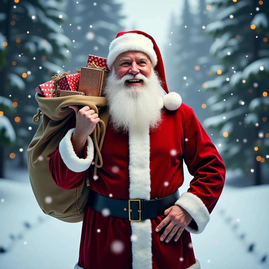 Santa Claus dressed in a red outfit carries a sack of gifts during a snowy winter scene. Snowflakes fall softly around him in a serene forest landscape.