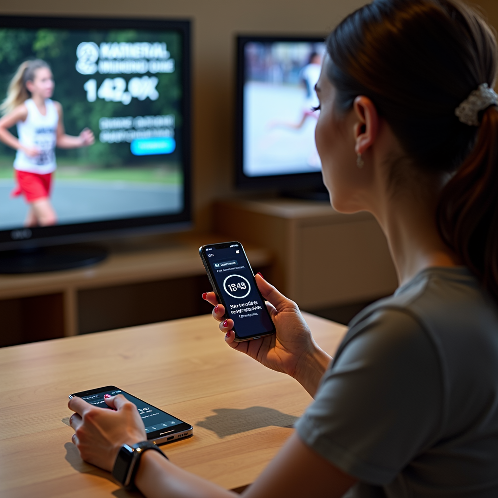 A woman uses a smartphone while sitting at a table with a race event playing on the TV in the background.