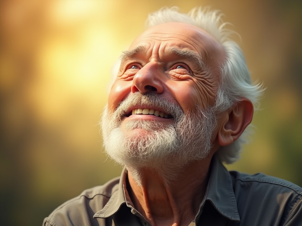 an elderly man with a white beard looking up with a joyful expression, in warm golden lighting