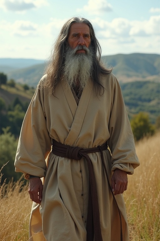 An old ascetic priest stands on a hill. He wears a natural-colored ceremonial robe. The backdrop features the rolling hills of southern France. The scene conveys a sense of wisdom and sternness.