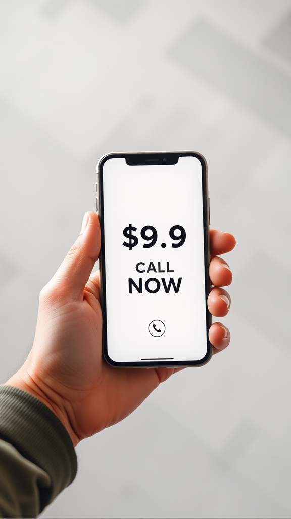 A hand holds a smartphone displaying a message: '$9.9 CALL NOW'.