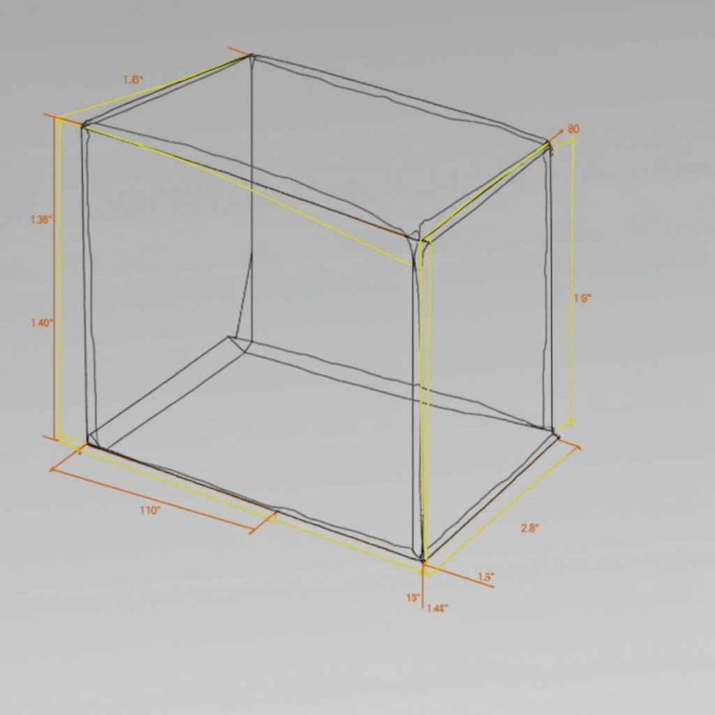 The image showcases a transparent outline of a rectangular box with dimensions indicated. The design emphasizes its length, width, and height, providing clear measurements in inches. The drawing is presented in an isometric perspective, making it easy to understand the 3D form of the box. Measurement lines and notes are highlighted in yellow against a gray background, ensuring clarity. This technical illustration is perfect for engineering or architectural purposes.