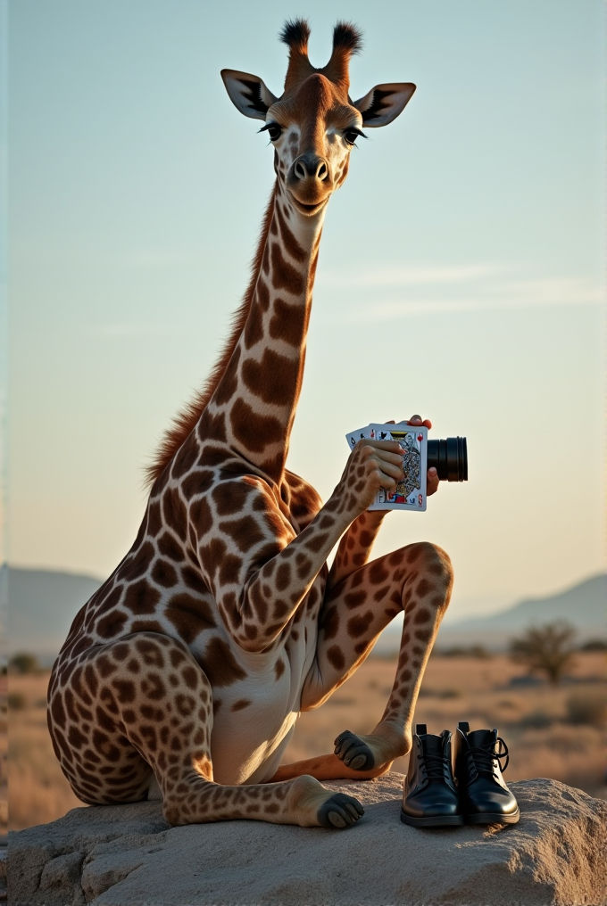 A giraffe sits on a rock holding a camera, with shoes placed next to it.