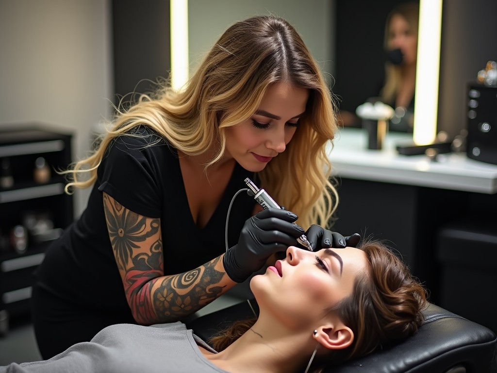 A professional tattoo artist is applying an eyebrow tattoo in a chic salon. She has long, wavy blonde hair and is focusing on her work, wearing black gloves. The room has a large, bright mirror and a sleek trolley with tattoo tools. The artist's body has no visible tattoos, and she is leaning over her client, who is a woman looking up. The atmosphere is modern and professional, emphasizing the beauty treatment being performed.