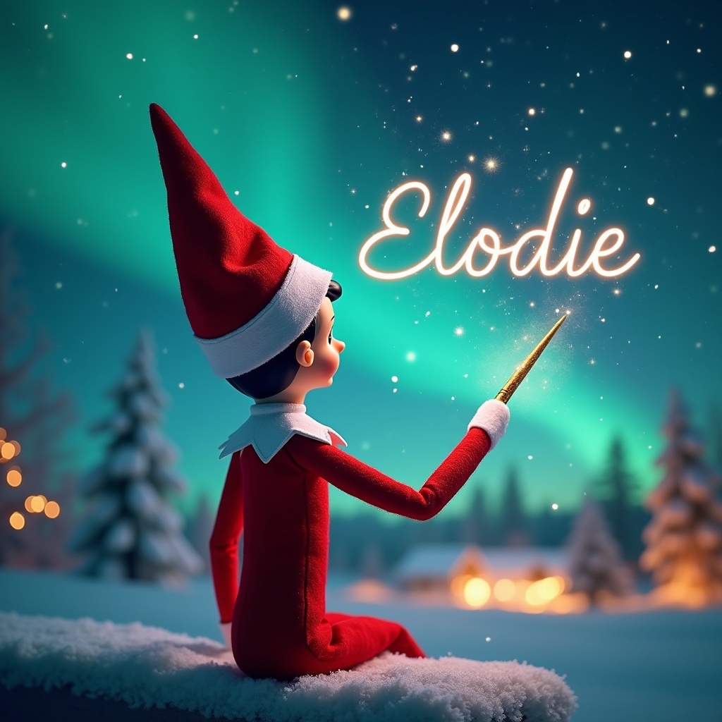 An enchanting scene featuring an elf on the shelf sitting with his back turned, gazing up at the magical night sky. The elf, wearing a bright red outfit and hat, is using a wand to elegantly write the name ‘Elodie’ in sparkling letters. The background is filled with a stunning display of northern lights illuminating the snowy landscape. Soft glowing lights twinkle subtly, evoking a joyful Christmas spirit. This whimsical image captures the essence of holiday magic that delights both kids and adults alike.