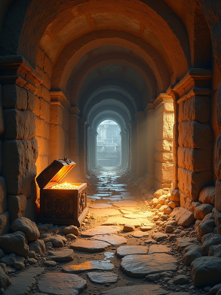 Inside a corridor of a treasure hunt temple. The setting features a treasure chest overflowing with gold coins. The corridor is lined with stone archways. Light streams through the arches, creating a mystical atmosphere. The ground is uneven with cobblestones. The temple hints at booby traps hidden along the path.