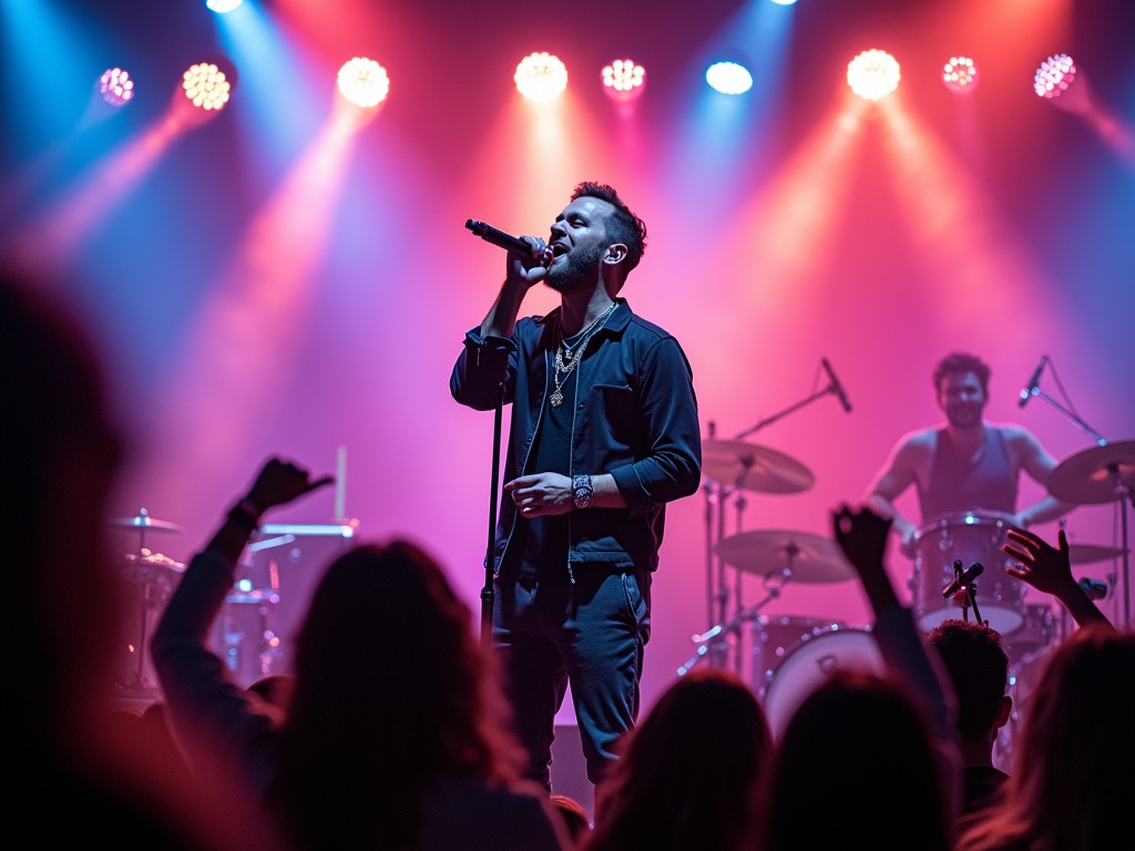 A dynamic concert scene captures a singer passionately performing on stage. Surrounded by vibrant blue and pink lights, the singer is the focal point, holding a microphone as he engages with the energetic crowd. Behind him, a drummer adds to the rhythm, while audience members raise their hands in enthusiasm, creating a lively atmosphere.