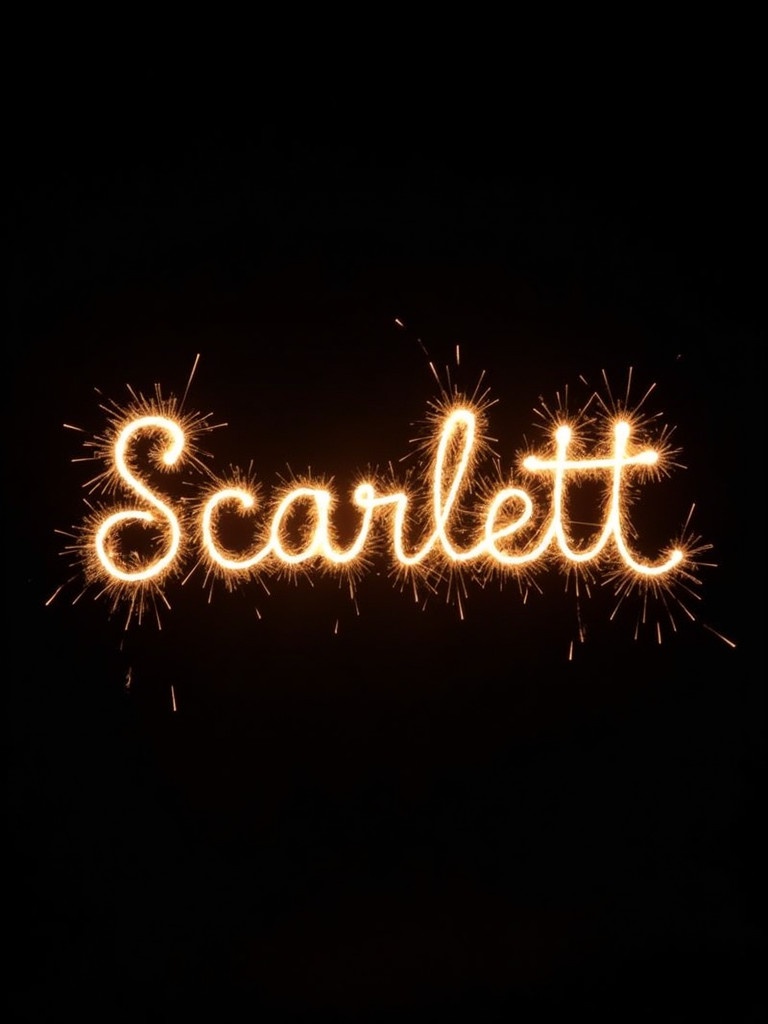 Image shows the name 'Scarlett' written in gold sparkler letters. Background is black. The image has a whimsical, festive feel. Sparks radiate from the text. Suitable for celebration and themed parties.