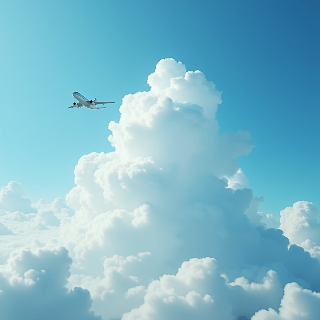 An airplane soaring through the sky above towering white clouds.