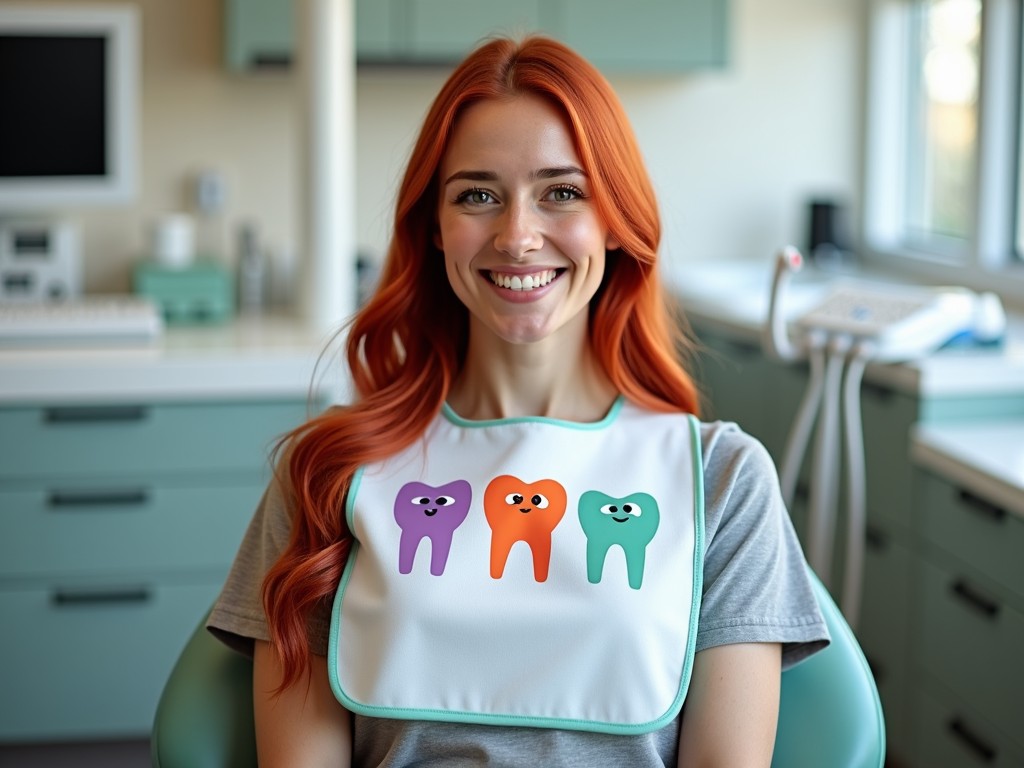 A person with long red hair is sitting in a dental chair. She is wearing a colorful dental bib with cartoon teeth designs in various colors such as purple, orange, and green. The background shows a part of a dental office, including dental equipment. The person is smiling, appearing relaxed and cheerful. The setting is bright and clean, typical of a professional dental environment.