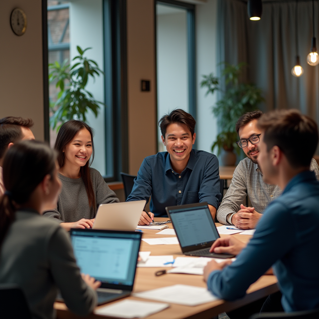 A group of people sit around a table in an office, working together with laptops and documents.