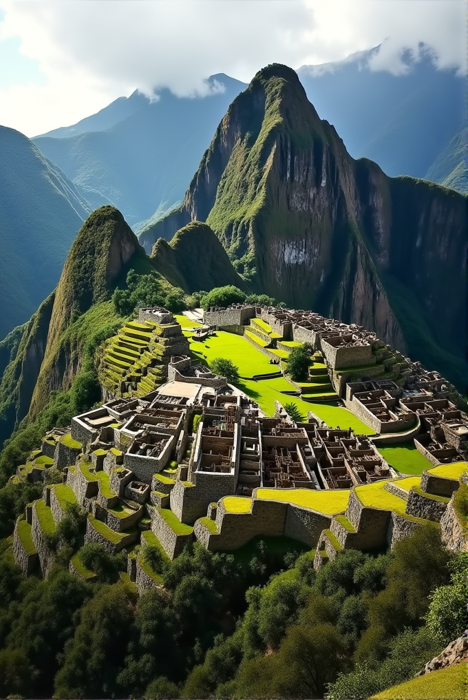 An ancient stone city sits atop a lush mountain surrounded by green hills.