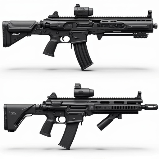 Futuristic weapon design with mixed firearm elements in a non-bullpup layout. Features sharp edges and tactical elements. Black and gray color scheme highlights modern aesthetics. Showcases ergonomic design and quality suitable for collectors and enthusiasts.