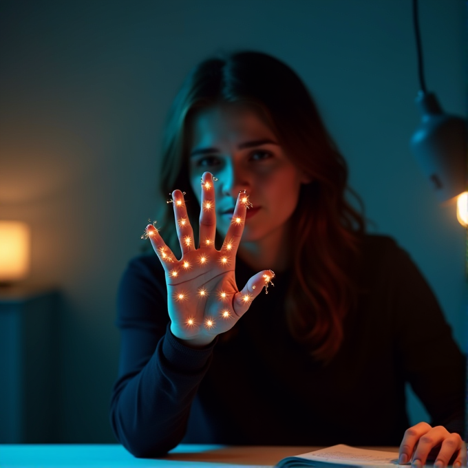 A woman in a dimly lit room holds up her hand, which glows with small, bright lights akin to stars on her fingers.