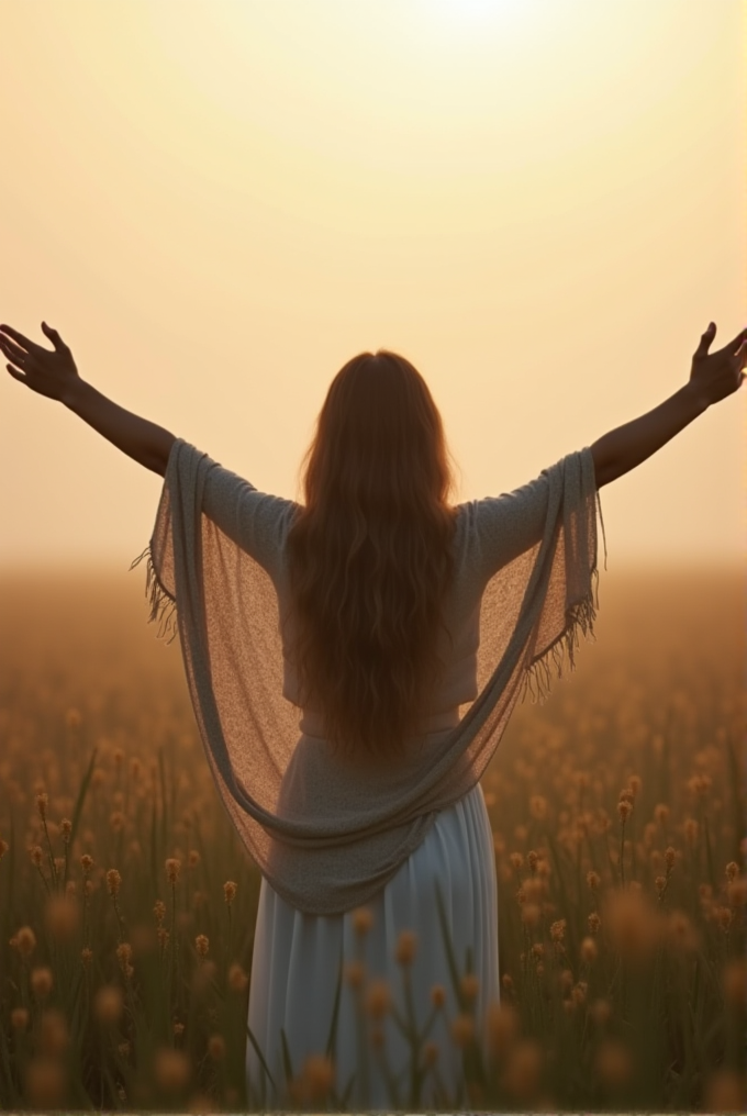 A woman stands in a field of flowers at sunrise with arms outstretched, embracing the warm glow of the morning light.