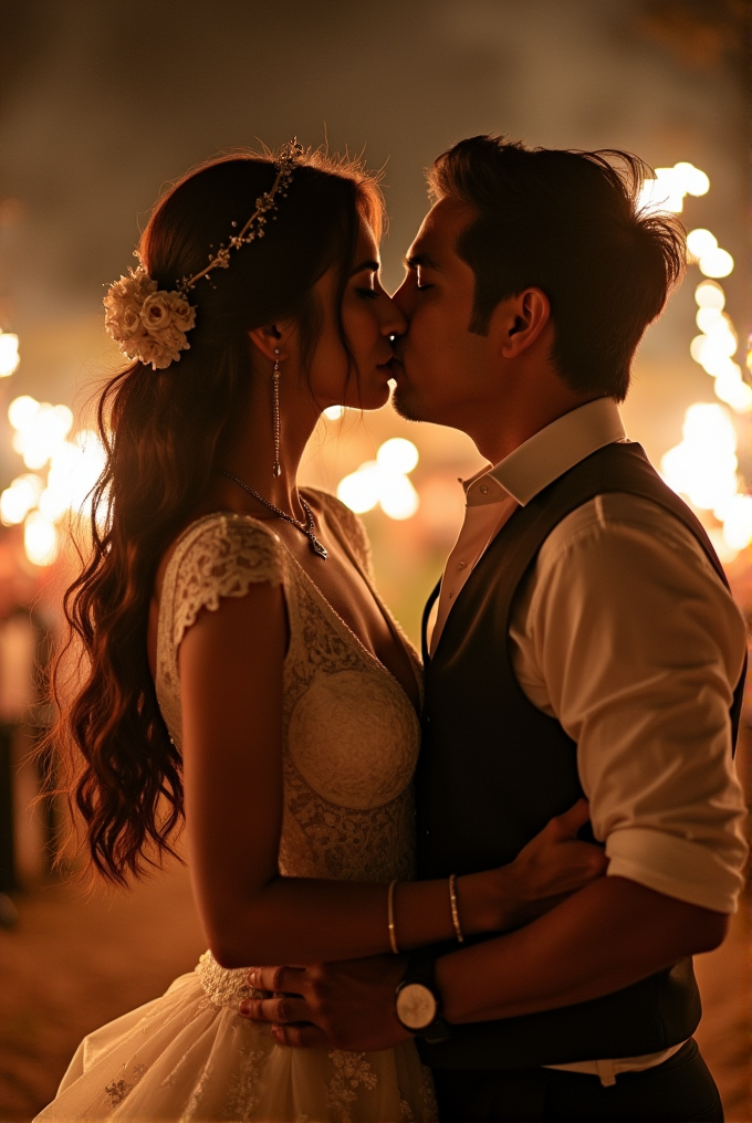 A couple shares a romantic kiss in warm, soft lighting.