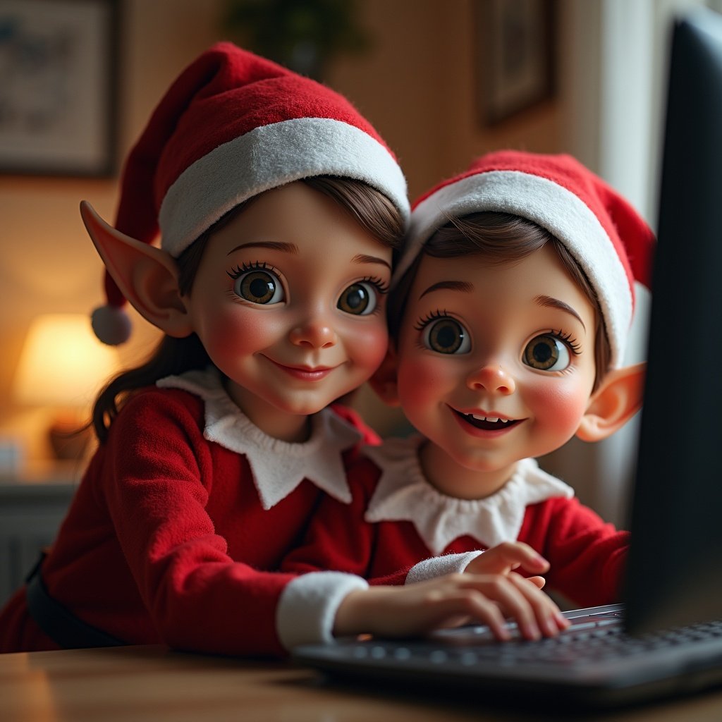 Two elf children with big eyes and red hats posing together at a computer. Cozy indoor setting with warm light in the background. They are smiling joyfully.