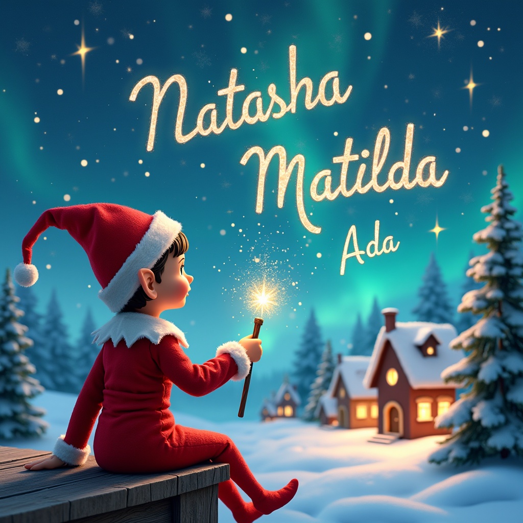 An elf sits on a wooden ledge with its back to the camera, gazing at a magical sky. Dressed in a red outfit with a pointed hat, the elf holds a sparkling wand. With the wand, the elf writes the name 'Matilda' in the starry sky. The scene is painted with a snowy landscape, charming little houses, and evergreen trees under shimmering Northern Lights. This whimsical depiction captures the essence of childhood magic and Christmas cheer. The elf elegantly adds the names 'Natasha' and 'Ada' in the same starry sky, enriching the magical atmosphere.