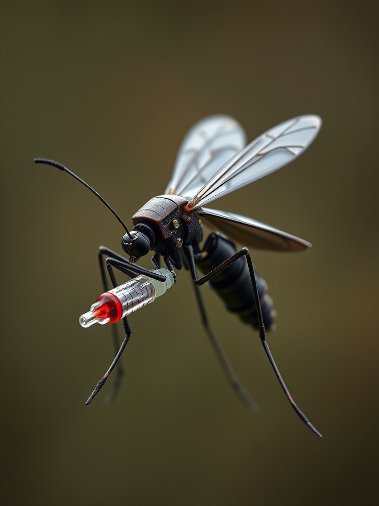 The image portrays a mechanical insect closely resembling a mosquito, equipped with detailed metallic features and translucent wings. Its most striking aspect is the needle-like apparatus attached to its body, resembling a syringe filled with a red fluid. Set against a blurred, neutral background, this piece combines nature with high-tech elements, creating a futuristic and slightly unsettling aesthetic.