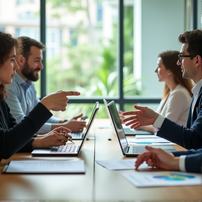 A diverse group of professionals engaged in a meeting, working with laptops and papers in a modern office setting.