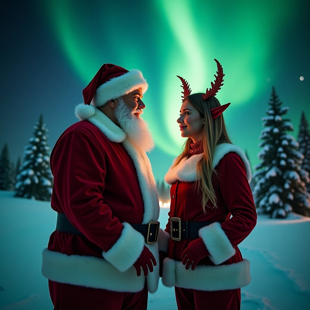 A couple dressed as Santa Claus and an elf standing in a snowy landscape. The background features vibrant northern lights illuminating the night sky. Nearby pine trees are visible. The scene conveys festive joy and Christmas spirit.