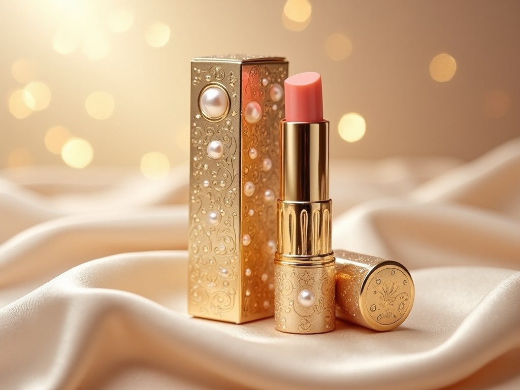 This image showcases a luxurious lip balm packaged in an ornate gold container adorned with pearls. The lipstick's elegant design reflects sophistication, perfect for high-end cosmetic branding. A soft pink lip color peeks out, inviting attention. Set against a silky cream backdrop, the warm bokeh lighting creates a dreamy atmosphere, emphasizing the product's luxury. This visual aims to appeal to beauty enthusiasts looking for glamour and quality in their makeup products.