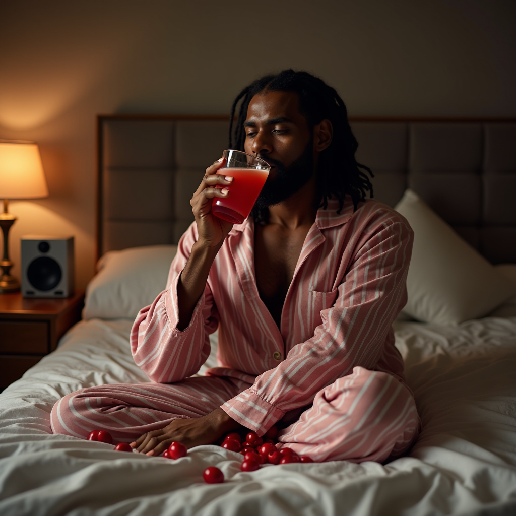 A person in striped pajamas enjoys a drink while surrounded by red balls in a cozy bedroom setting.