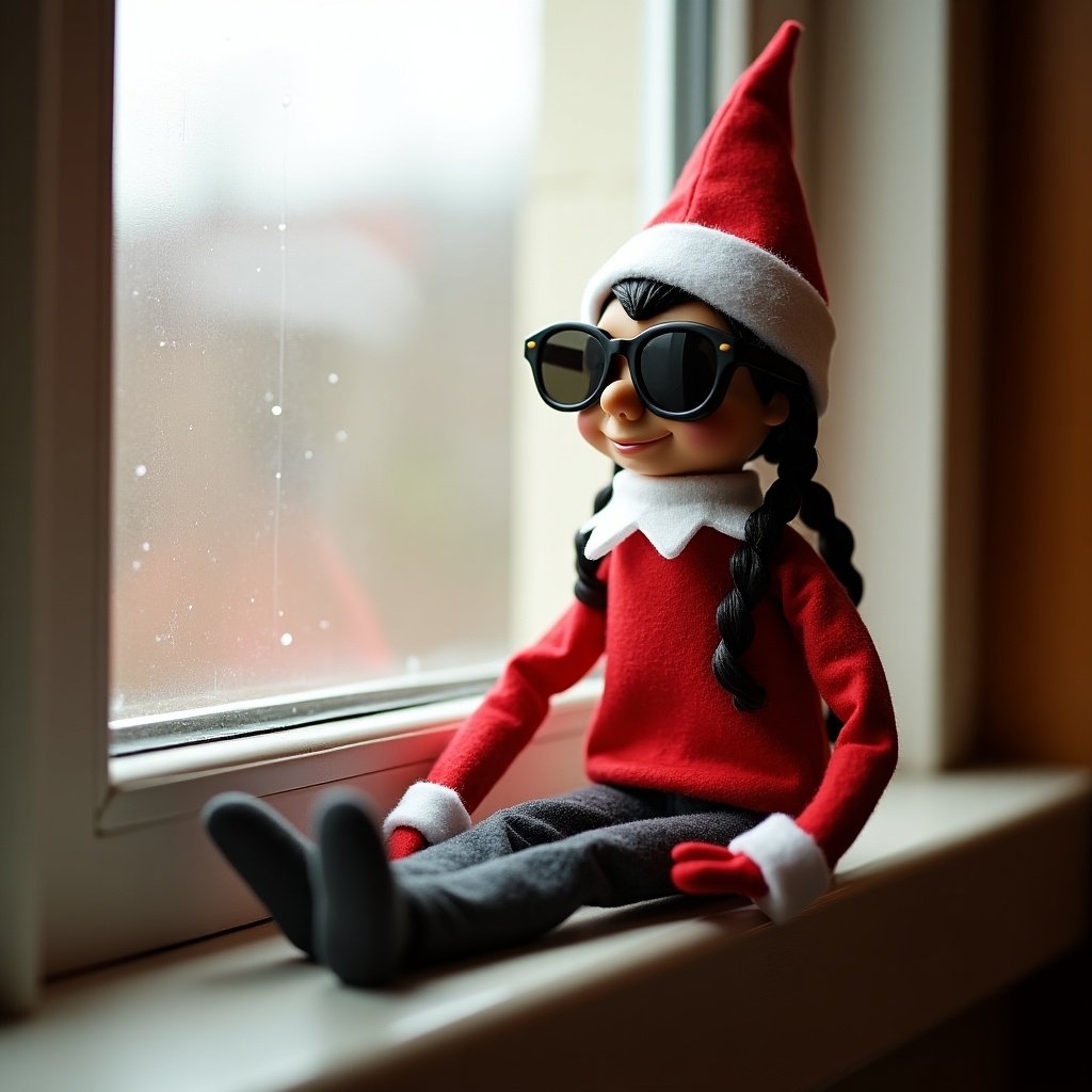 Elf on the shelf resembling Snoop Dogg sits on a windowsill. The elf has sunglasses, red attire, and black braids. It faces away from the viewer.