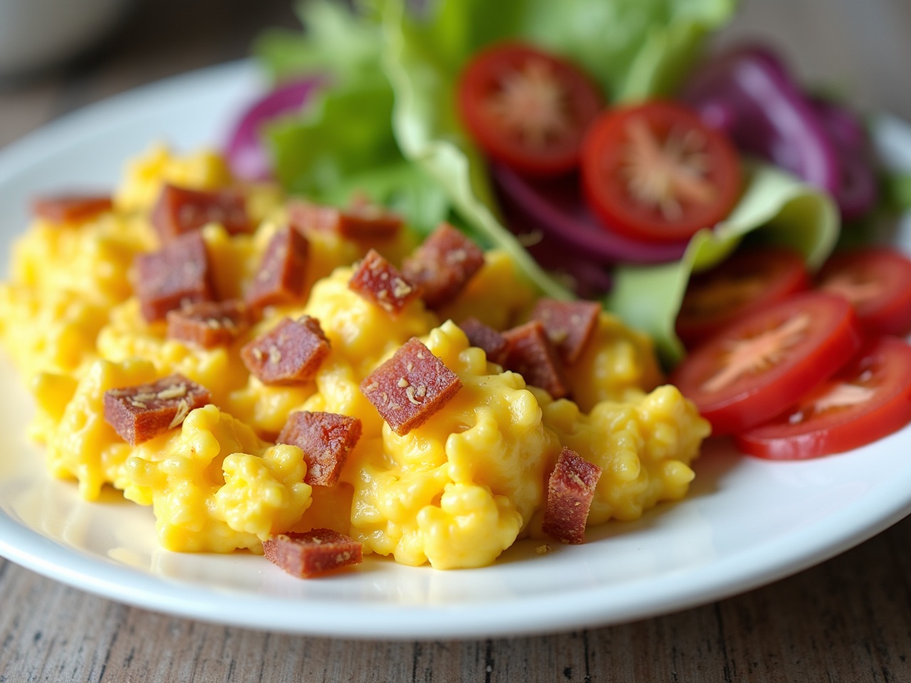 This image showcases a delicious plate of scrambled eggs topped with crispy bacon bits and melting cheese. Accompanying the eggs is a fresh green salad with crisp lettuce, vibrant red tomatoes, and slices of red onion. The dish is presented on a white plate, highlighting the bright yellow of the scrambled eggs. The background has a rustic wood texture, adding warmth to the composition. This setup is perfect for promoting breakfast recipes or healthy meal options.