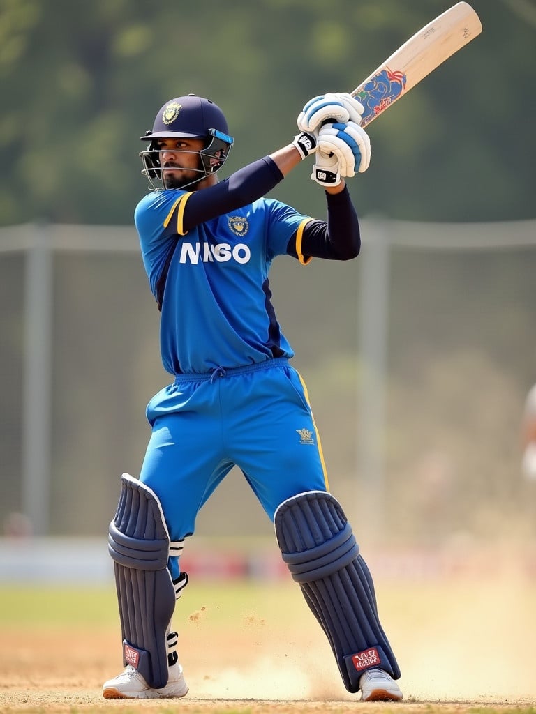 Cricket player in blue uniform shows focus mid-swing. Background features a net fence and dust creating a sports environment.